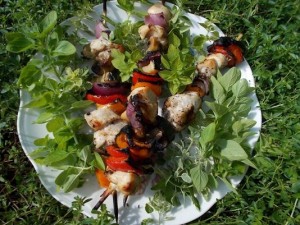 Wine and herb marinated chicken kebobs garnished with fresh oregano pair well with a simple yogurt sauce.